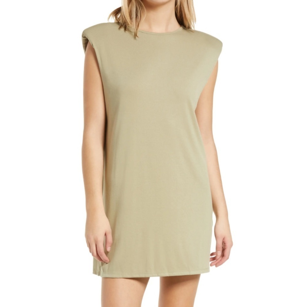 ASbyDF- Taupe Sleeveless Tshirt Mini Dress with Shoulder Pads